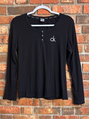 Calvin Klein sleepwear womens ribbed ling sleeve henley top black L